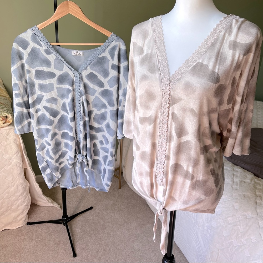 2 for $16 Animal Print Tie Knot Batwing Sleeve Blouse Cream Light Blue